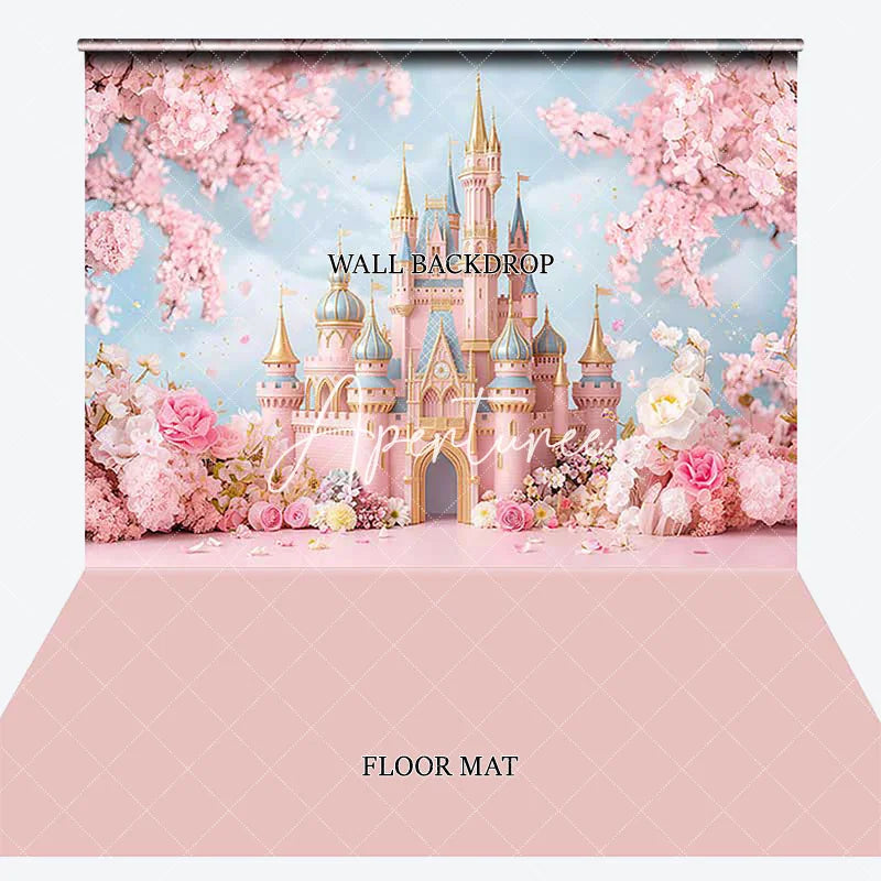 Aperturee - Aperturee Dreamy Pink Fairy Tale Castle Cherry Blossom Flowers Combo Set Backdrop Princess Birthday Baby Shower Decor