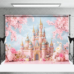 Aperturee - Aperturee Dreamy Pink Fairy Tale Castle Photography Backdrop with Cherry Blossoms and Floral Garden for Princess Birthday Party