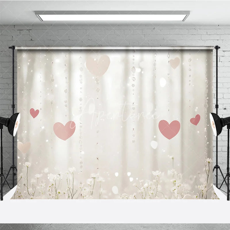 Aperturee - Aperturee Dreamy Pink Hearts and White Flowers Photography Backdrop Sparkling Bokeh Crystal Strands for Romantic Celebrations