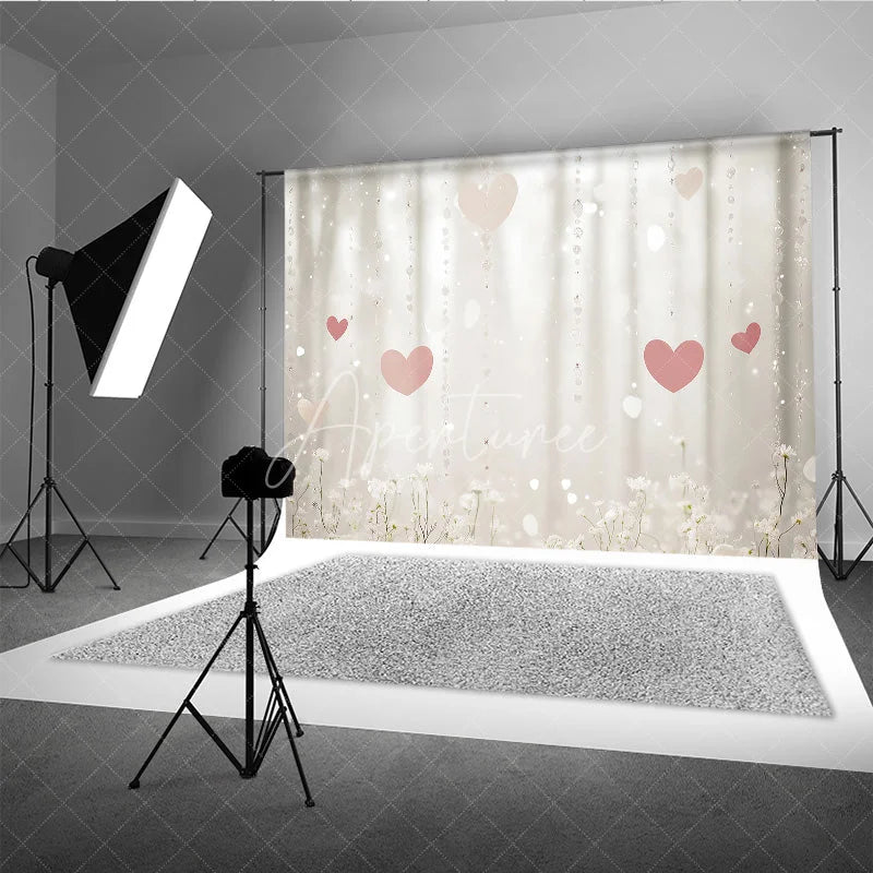 Aperturee - Aperturee Dreamy Pink Hearts and White Flowers Photography Backdrop Sparkling Bokeh Crystal Strands for Romantic Celebrations