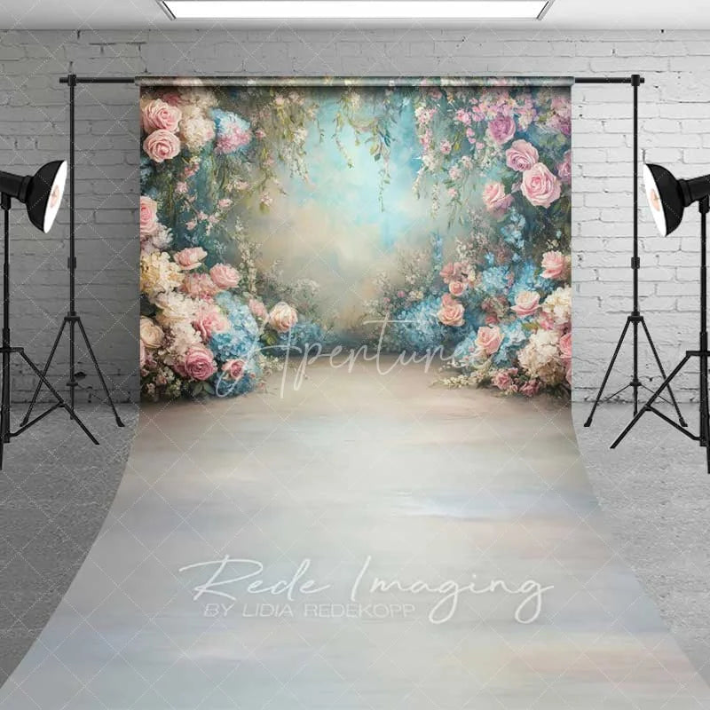 Aperturee - Aperturee Dreamy Pink Roses Blue Hydrangeas Floral Garden Backdrop Spring Wedding Photography Baby Shower Portrait Studio