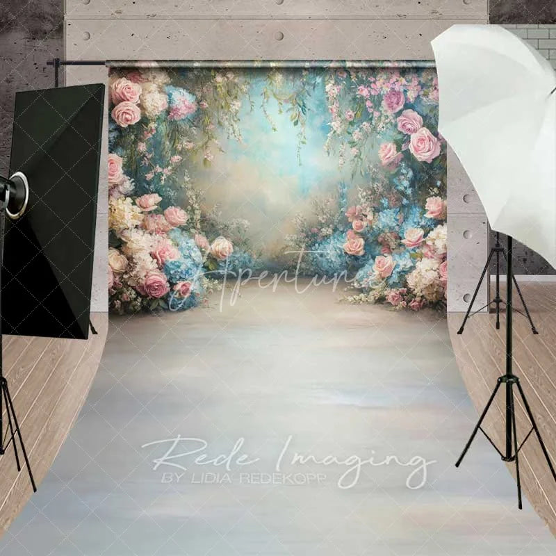 Aperturee - Aperturee Dreamy Pink Roses Blue Hydrangeas Floral Garden Backdrop Spring Wedding Photography Baby Shower Portrait Studio