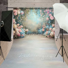 Aperturee - Aperturee Dreamy Pink Roses Blue Hydrangeas Floral Garden Backdrop Spring Wedding Photography Baby Shower Portrait Studio