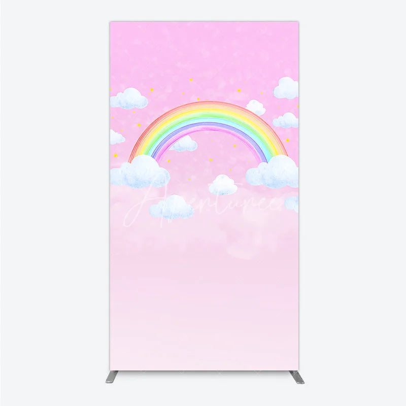 Aperturee - Aperturee Dreamy Pink Sky Rainbow and Clouds Rectangle Arch Backdrop Whimsical Ethereal Stars Baby Shower Decor