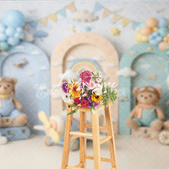 Aperturee - Aperturee Dreamy Teddy Bear Aviator Photography Backdrop with Hot Air Balloon and Airplane for Baby Shower Birthday Party
