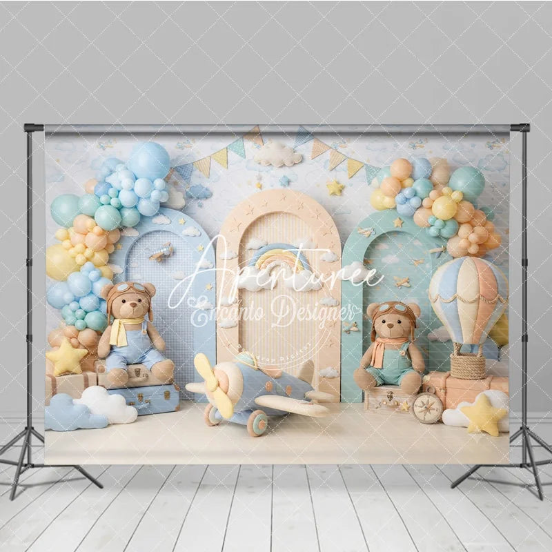 Aperturee - Aperturee Dreamy Teddy Bear Aviator Photography Backdrop with Hot Air Balloon and Airplane for Baby Shower Birthday Party