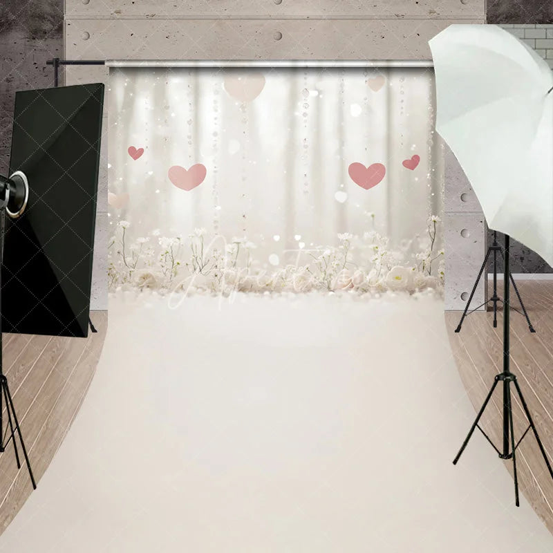 Aperturee - Aperturee Dreamy White Floral and Pink Hearts Sweep Backdrop Romantic Sparkling Lights for Valentine’s Day Wedding