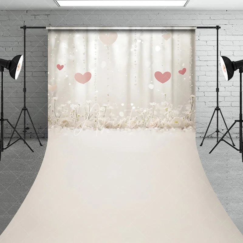 Aperturee - Aperturee Dreamy White Floral and Pink Hearts Sweep Backdrop Romantic Sparkling Lights for Valentine’s Day Wedding