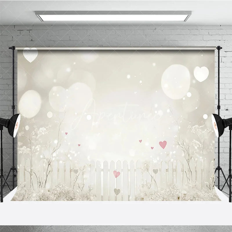Aperturee - Aperturee Dreamy White Picket Fence Photography Backdrop with Bokeh Lights and Pink Hearts for Romantic Portraits