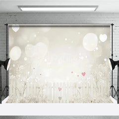 Aperturee - Aperturee Dreamy White Picket Fence Photography Backdrop with Bokeh Lights and Pink Hearts for Romantic Portraits