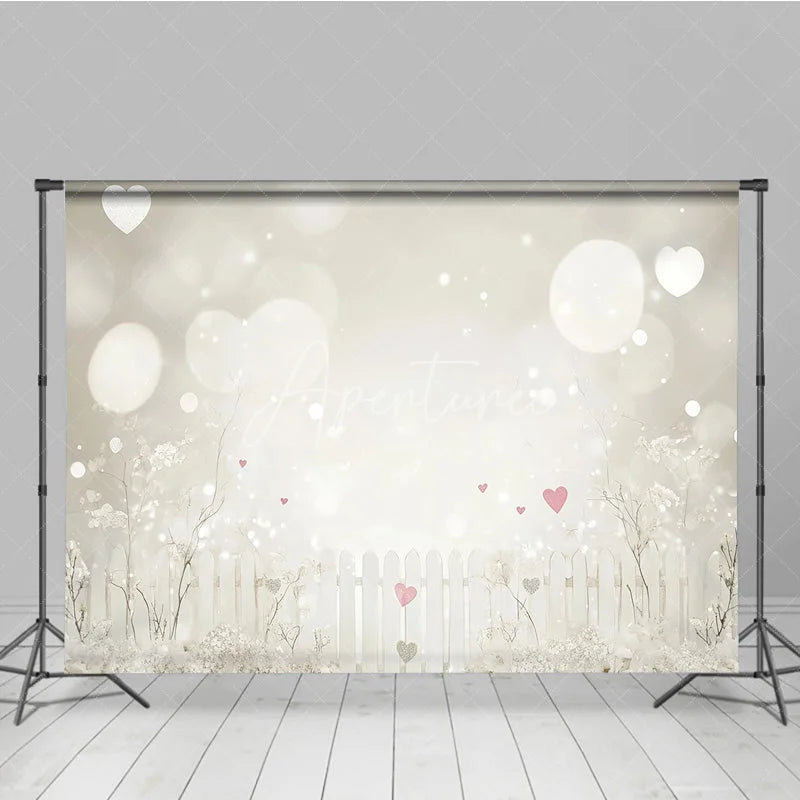 Aperturee - Aperturee Dreamy White Picket Fence Photography Backdrop with Bokeh Lights and Pink Hearts for Romantic Portraits