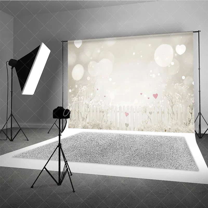 Aperturee - Aperturee Dreamy White Picket Fence Photography Backdrop with Bokeh Lights and Pink Hearts for Romantic Portraits
