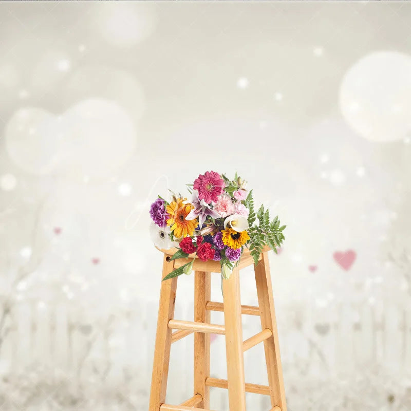Aperturee - Aperturee Dreamy White Picket Fence Photography Backdrop with Bokeh Lights and Pink Hearts for Romantic Portraits