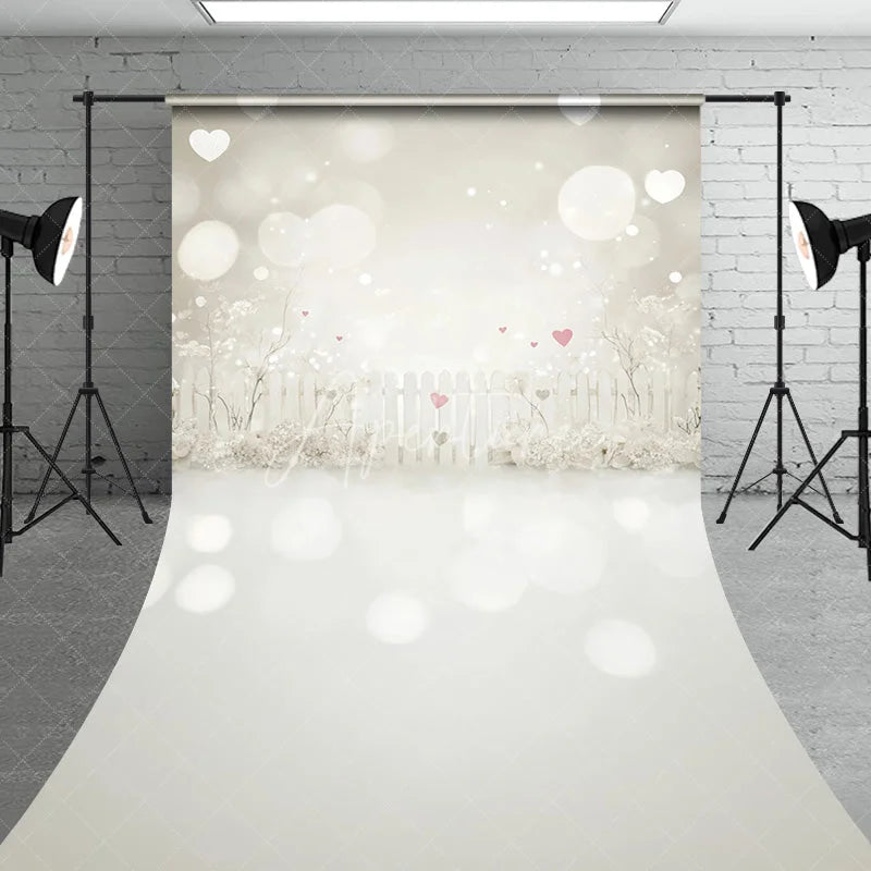 Aperturee - Aperturee Dreamy White Picket Fence Sweep Backdrop Romantic Pink Hearts and Bokeh Lights for Valentine’s Day Party