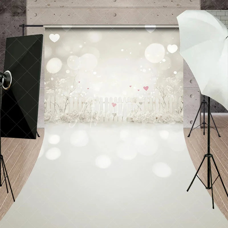 Aperturee - Aperturee Dreamy White Picket Fence Sweep Backdrop Romantic Pink Hearts and Bokeh Lights for Valentine’s Day Party