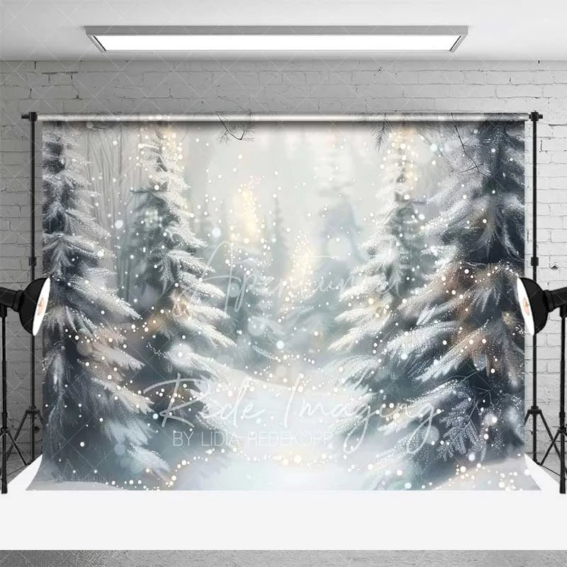 Aperturee - Aperturee Dreamy Winter Forest Backdrop Snowy Pine Trees Bokeh Lights Soft Focus Nature Photo Background