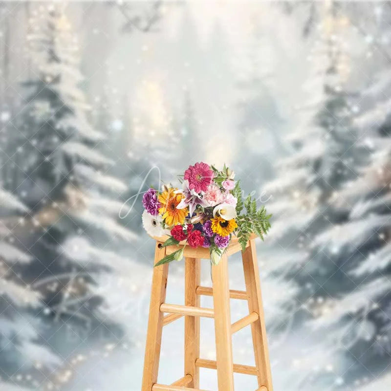 Aperturee - Aperturee Dreamy Winter Forest Backdrop Snowy Pine Trees Bokeh Lights Soft Focus Nature Photo Background