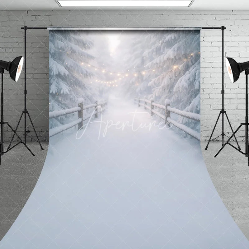 Aperturee - Aperturee Dreamy Winter Wonderland Sweep Backdrop with Snow Covered Pine Trees and Festive String Lights