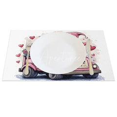 Aperturee - Aperturee Driving Gnome Pink Truck Set of 4 Placemats Rose Delivery Valentine Decoration Love License Plate Mat