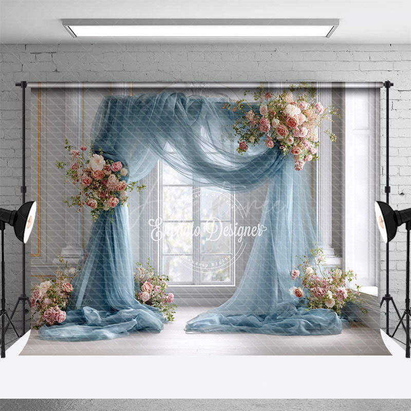 Aperturee - Aperturee Dusty Blue Draped Wedding Arch Photography Backdrop Pink Rose Floral Decor Elegant Indoor Ceremony Background