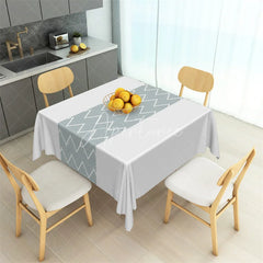 Aperturee - Aperturee Dusty Blue Geometric Band Rectangle Tablecloth Modern White Herringbone Pattern Table Cover
