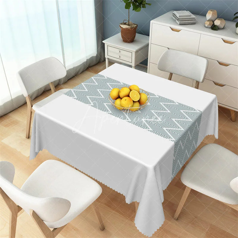 Aperturee - Aperturee Dusty Blue Geometric Band Rectangle Tablecloth Modern White Herringbone Pattern Table Cover