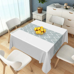 Aperturee - Aperturee Dusty Blue Geometric Band Rectangle Tablecloth Modern White Herringbone Pattern Table Cover