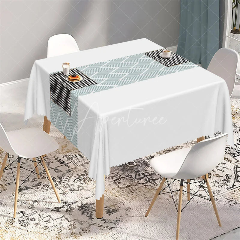 Aperturee - Aperturee Dusty Blue Geometric Band Rectangle Tablecloth Modern White Herringbone Pattern Table Cover