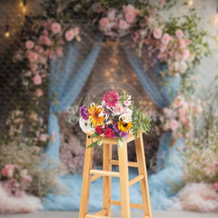 Aperturee Aperturee Dusty Blue Tulle Wedding Arch Photography Backdrop Romantic Pink Roses and Greenery Indoor Night Ceremony Prop