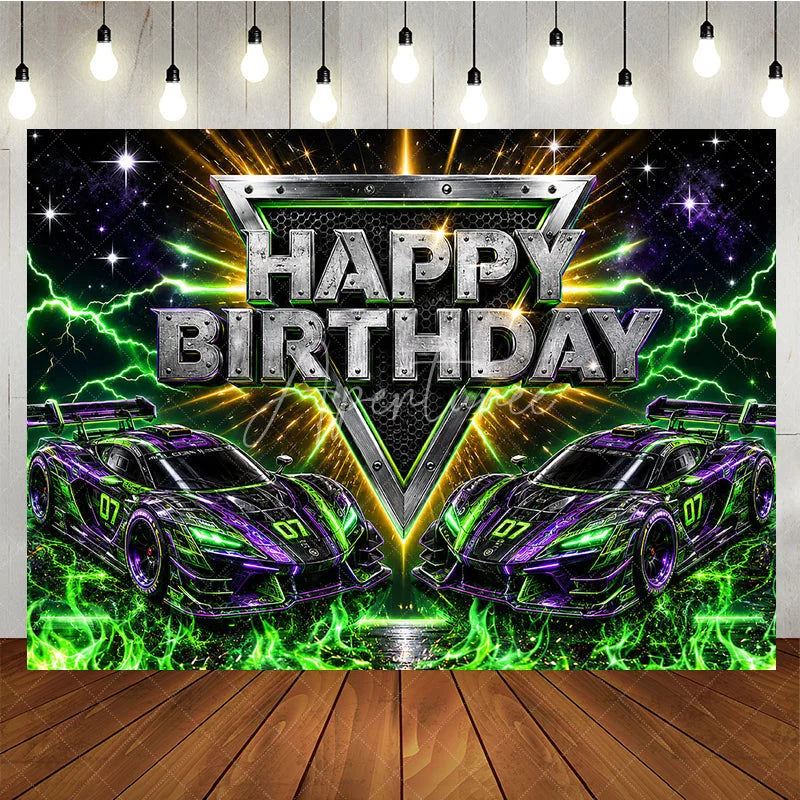 Aperturee - Aperturee Dynamic Racing Car Birthday Backdrop with Green and Purple Neon Lightning Futuristic Party Decor