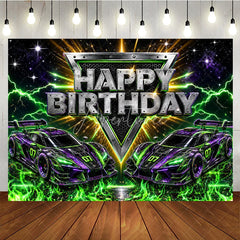 Aperturee - Aperturee Dynamic Racing Car Birthday Backdrop with Green and Purple Neon Lightning Futuristic Party Decor