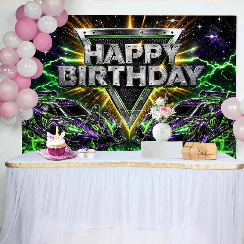 Aperturee - Aperturee Dynamic Racing Car Birthday Backdrop with Green and Purple Neon Lightning Futuristic Party Decor