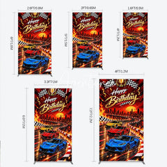Aperturee - Aperturee Dynamic Red and Gold Racing Cars Happy Birthday Rectangle Arch Backdrop with Checkered Flags City Skyline Party Decor