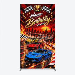 Aperturee - Aperturee Dynamic Red and Gold Racing Cars Happy Birthday Rectangle Arch Backdrop with Checkered Flags City Skyline Party Decor