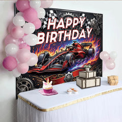 Aperturee - Aperturee Dynamic Red Racing Car Birthday Backdrop with Checkered Flags and Gears Happy Birthday Party Decor