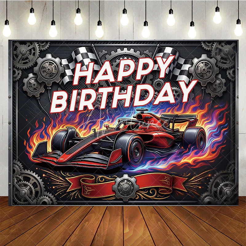 Aperturee - Aperturee Dynamic Red Racing Car Birthday Backdrop with Checkered Flags and Gears Happy Birthday Party Decor