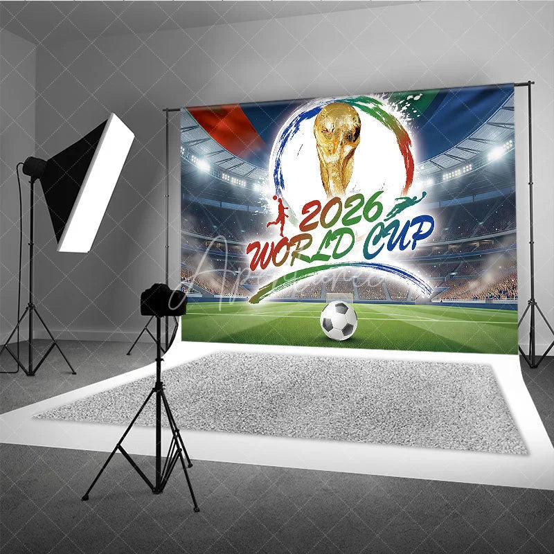 Aperturee - Aperturee Dynamic Soccer Stadium Holiday Backdrop featuring a Golden Championship Trophy and Football Ball for Sports Party