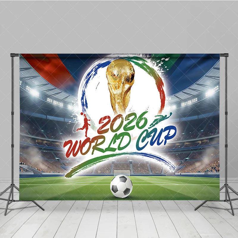 Aperturee - Aperturee Dynamic Soccer Stadium Holiday Backdrop featuring a Golden Championship Trophy and Football Ball for Sports Party