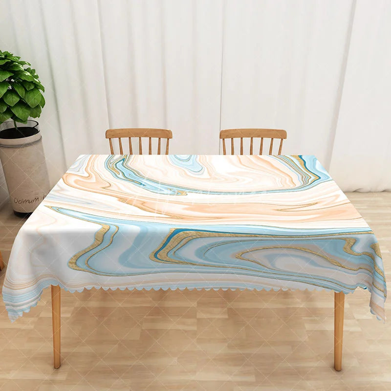 Aperturee - Aperturee Earth Tone Abstract Rectangle Tablecloth with Blue and Beige Gradient for Modern Coastal Dining Decor