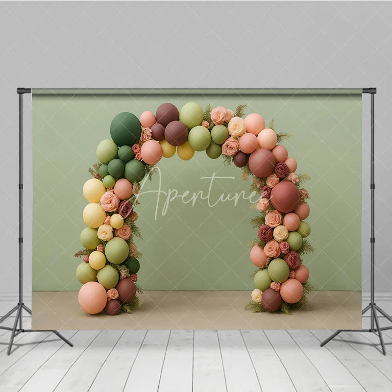 Aperturee - Aperturee Earth Tone Balloon Arch Photography Backdrop with Roses Boho Floral Decor for Wedding Bridal or Baby Shower