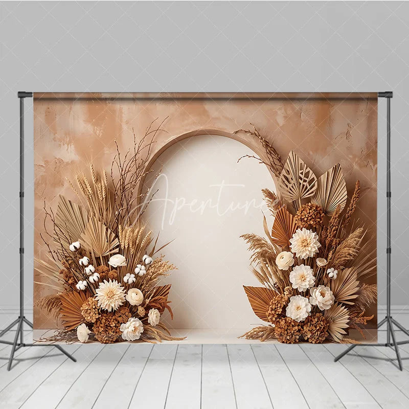Aperturee - Aperturee Earthy Toned Arched Photography Backdrop with Dried Pampas Grass Wheat and Cream Floral Decor Baby Shower