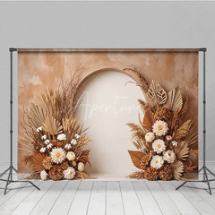 Aperturee - Aperturee Earthy Toned Arched Photography Backdrop with Dried Pampas Grass Wheat and Cream Floral Decor Baby Shower