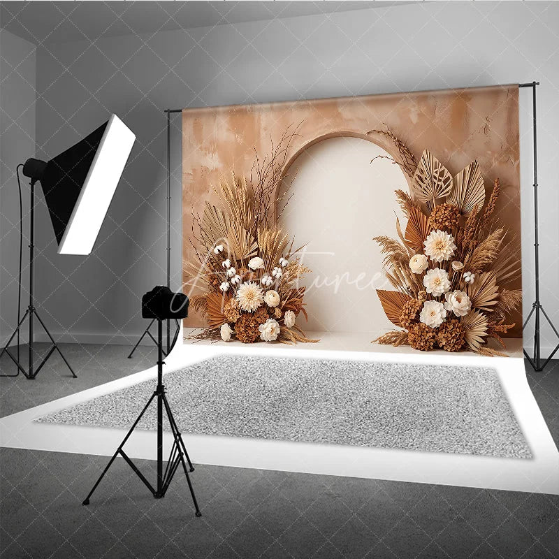 Aperturee - Aperturee Earthy Toned Arched Photography Backdrop with Dried Pampas Grass Wheat and Cream Floral Decor Baby Shower