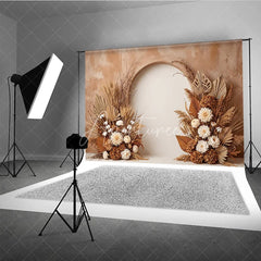 Aperturee - Aperturee Earthy Toned Arched Photography Backdrop with Dried Pampas Grass Wheat and Cream Floral Decor Baby Shower