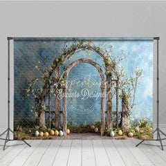 Aperturee - Aperturee Easter Arch Backdrop Rustic Spring Floral Wood Gate and Colorful Eggs Garden Photography Background