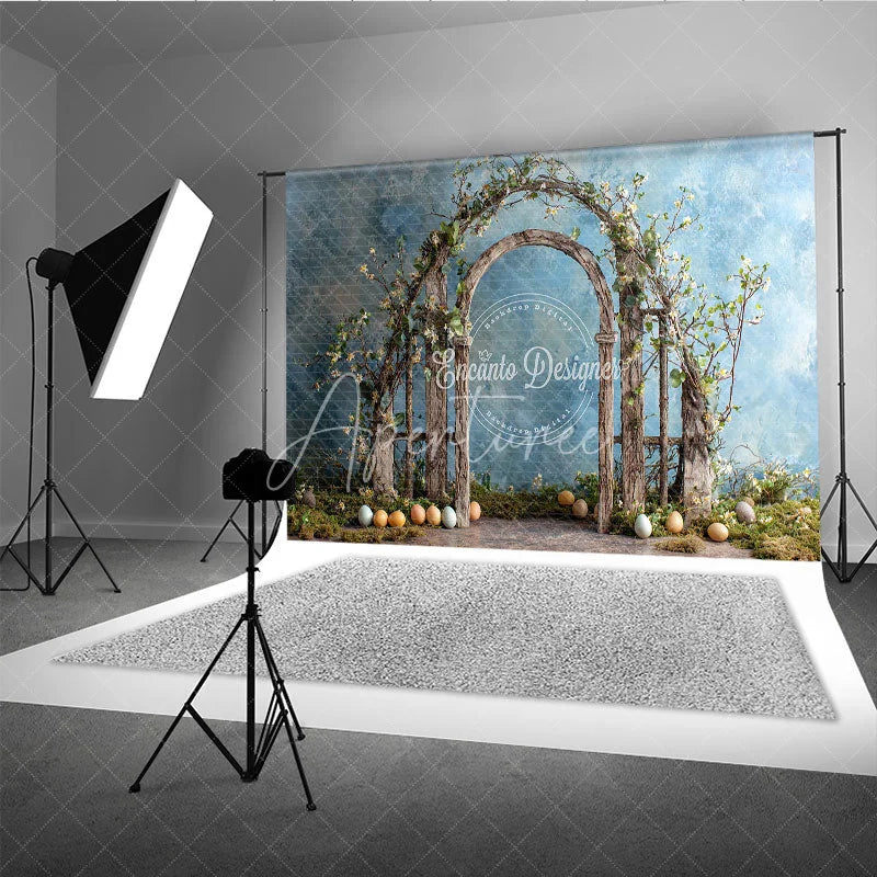 Aperturee - Aperturee Easter Arch Backdrop Rustic Spring Floral Wood Gate and Colorful Eggs Garden Photography Background