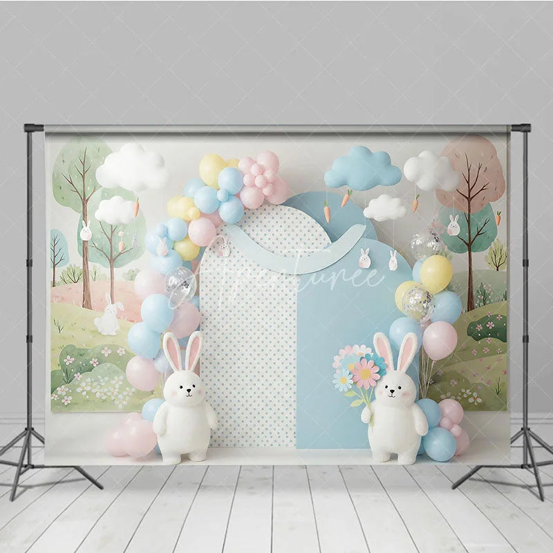 Aperturee - Aperturee Easter Bunny and Hanging Carrots Backdrop Spring Woodland Garden and Balloon Arch for Cake Smash Photo
