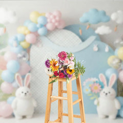 Aperturee - Aperturee Easter Bunny and Hanging Carrots Backdrop Spring Woodland Garden and Balloon Arch for Cake Smash Photo