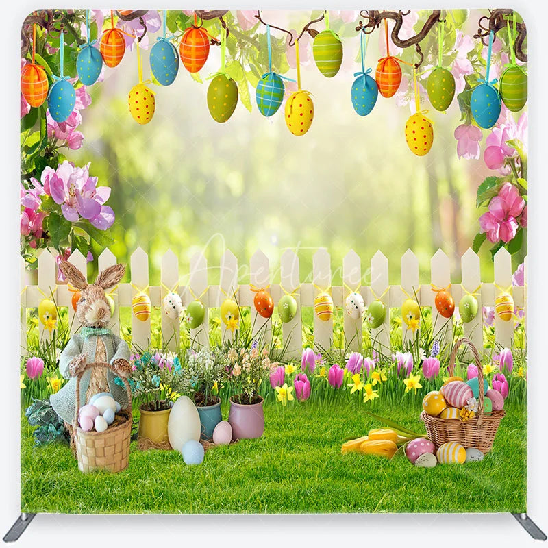 Aperturee - Aperturee Easter Bunny and Hanging Eggs Garden Backdrop White Fence Spring Floral Decor Tension Fabric Backdrop