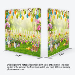 Aperturee - Aperturee Easter Bunny and Hanging Eggs Garden Backdrop White Fence Spring Floral Decor Tension Fabric Backdrop
